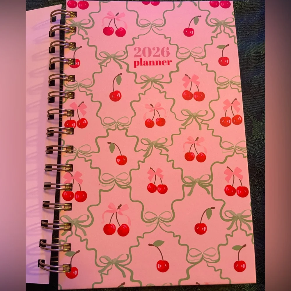 🍒Hardcover 2026 Organizational Planner, Monthly&Weekly, Cherry Design with Bows